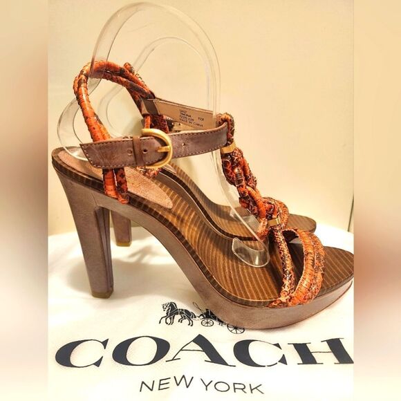 Brand New Coach "Simona" Orange/Tan Snake Waxy Leather Sandals Sz. 9 Ret $328 - Picture 2 of 9
